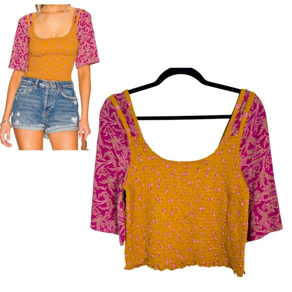 Free People Tops - Free People Marigold Smocked Square Neck Golden Combo Size Large